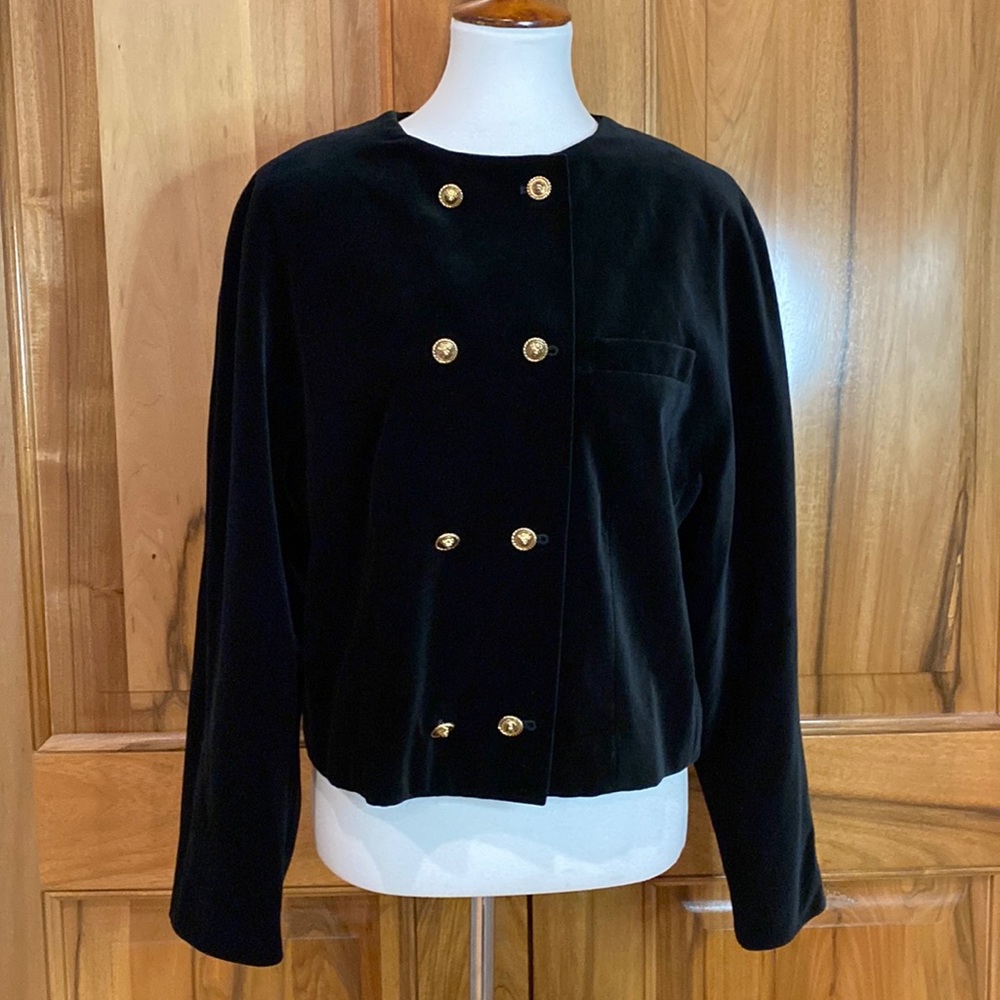 West Germany Vintage Black Velvet Jacket, Gold Lions’ Head Buttons - 44 - Fordan